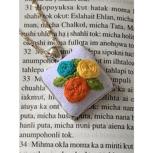 Wild Rose Embroidered Necklace in Square Bezel - Handmade - Picture 2 of 5